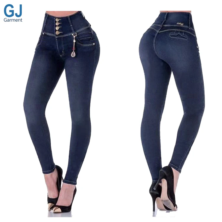 

Your Logo D Brazilian High Waisted Ripped Ladies Button Stretch Butt Lift Colombian Colombianos Women Denim Jeans Trouser, Blue