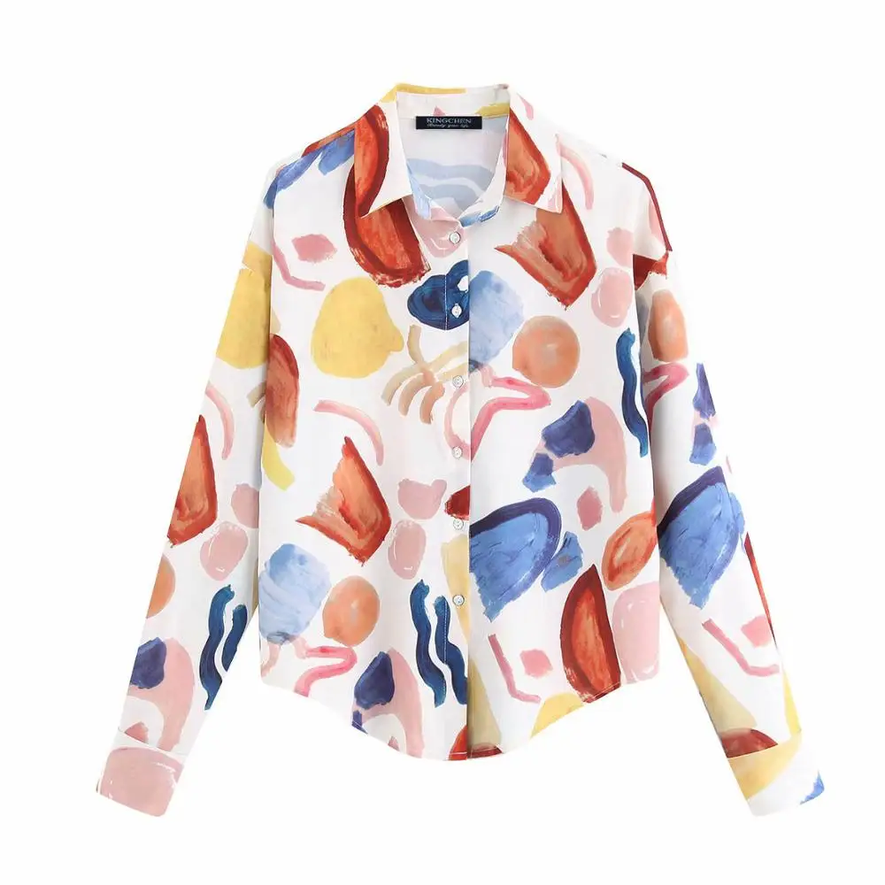 Multi color printed turn down collar casual fashion ladies long sleeve blouse