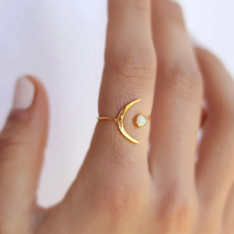 

LYR0391 925 Sterling Silver 14k gold open moon engagement opal Ring for women, White