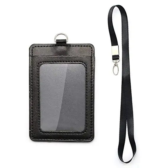 

Vertical Style PU Leather ID Badge Holder with ID Window and Card Slot Detachable Neck Lanyard leather work permit