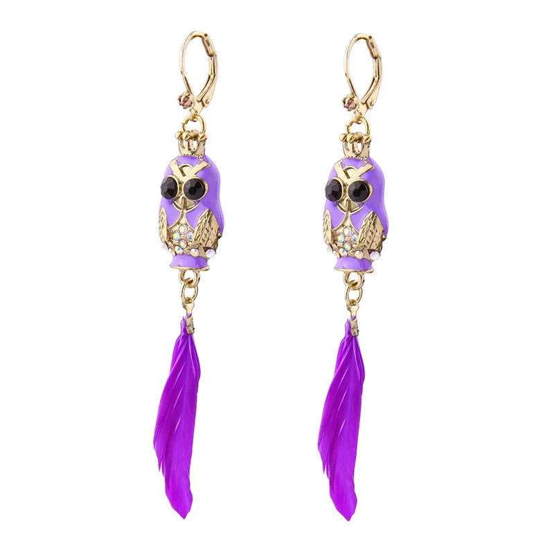 

ed0093 Purple Long Feather Earings, Vivid Enamel Owl Ear Rings For Women