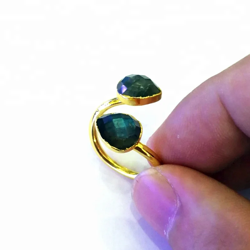 

18K gold blue labradorite sex ring faceted drop shape cuff natural double pear gemstone rings