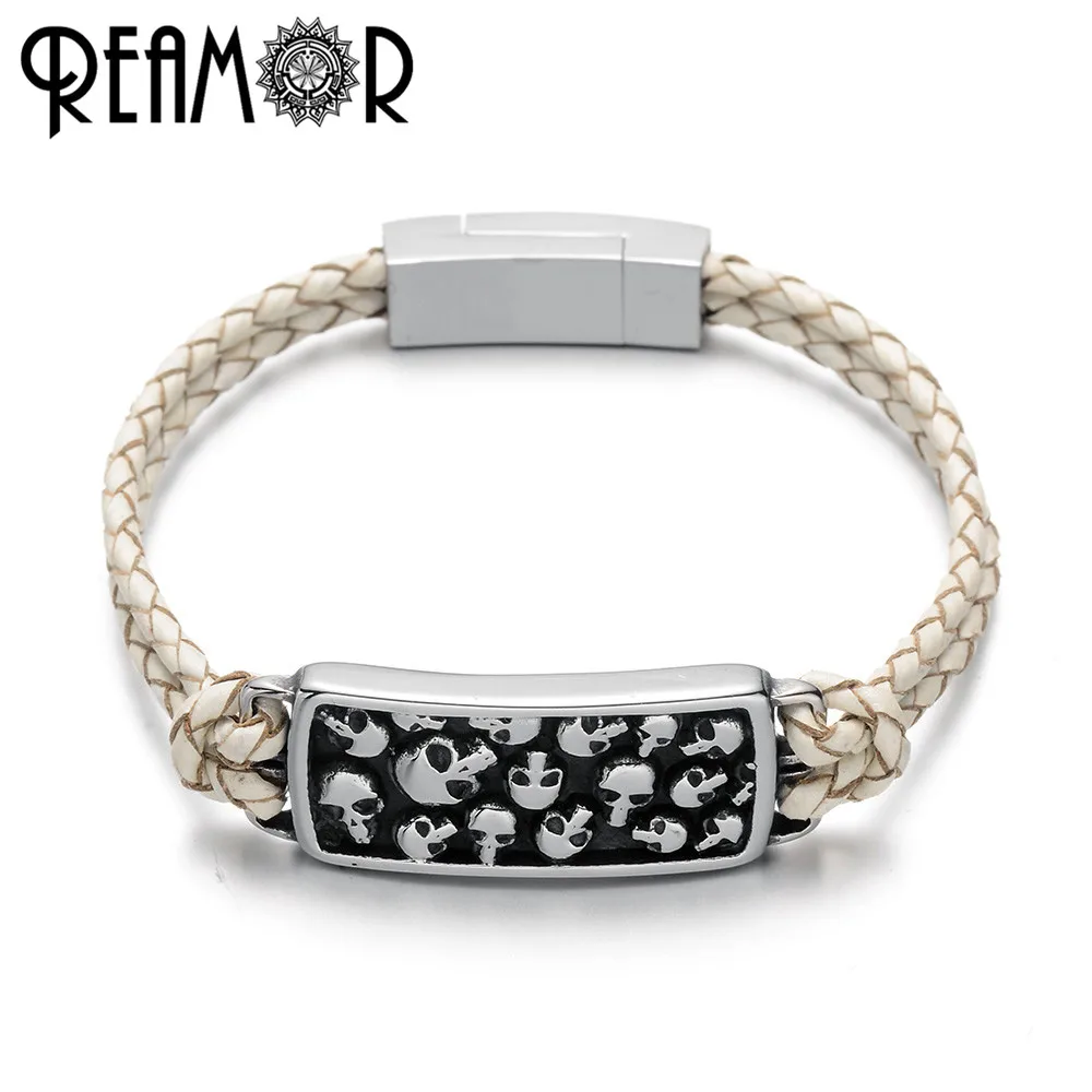 

REAMOR Fashion Men 3mm Braided Leather Bracelet Big Skull Head Charms Bracelet Jewelry With 316L Stainless Steel Magnet Buckle