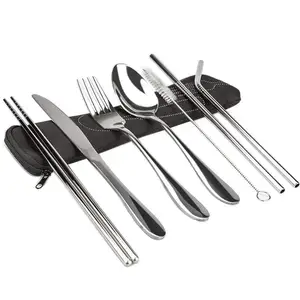 Image of Outdoor Portable Picnic Stainless Steel Tableware with Bag Knife Fork Spoon Chopsticks Straws 6 Piece Suit Camping Trip Tools