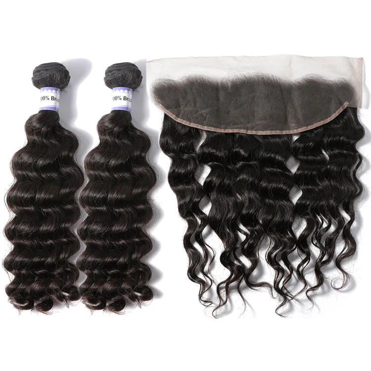 

High Quality Unprocessed Raw Indian Curl Virgin Hair Weaving Wholesale Deep Wave Bundles With Lace Frontal, Natural color #1b