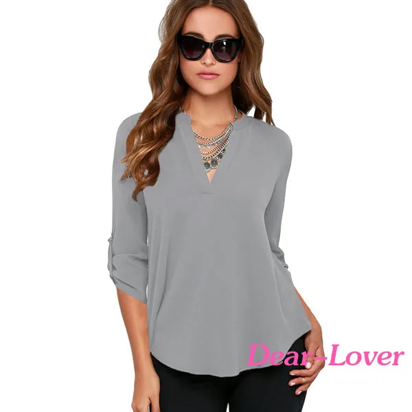 

2017 Hot Sale New Fashion Summer Women Solid V Neck Chiffon Blouse