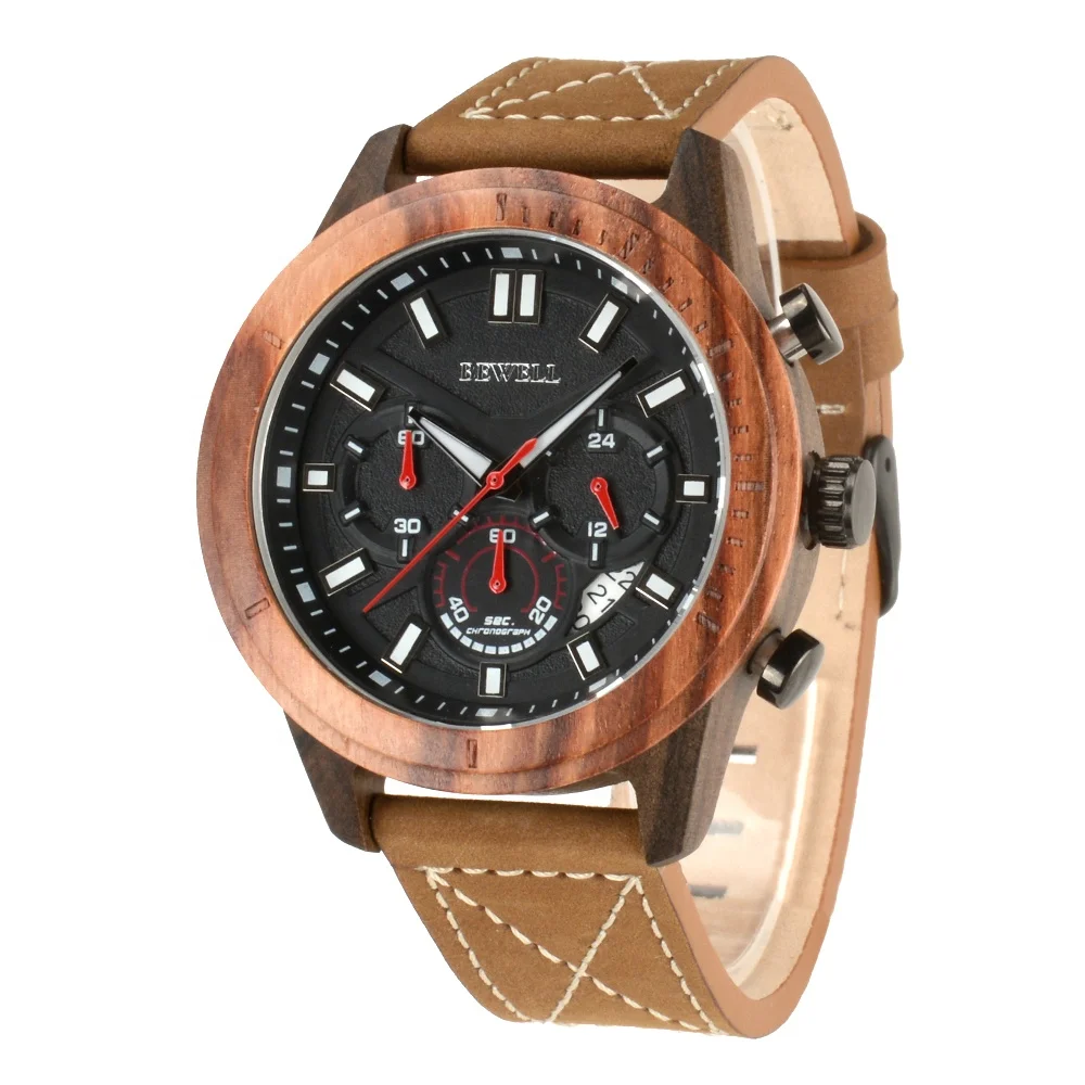 

Water Resistant 30M Chronograph Quartz Movement Stainless Steel Case Back Wooden Case Leather Strap Watch