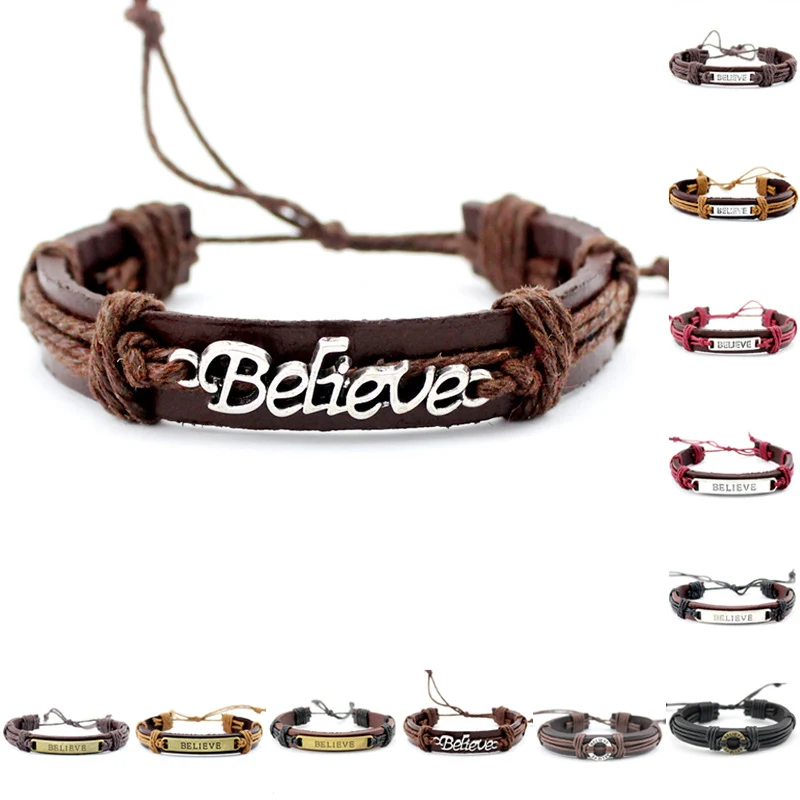 

Fashion Adjustable Mens Believe Stainless Steel Charm Genuine Leather Bracelets, Silver plated