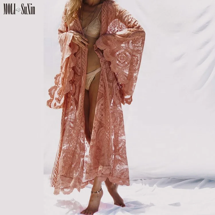 

Large size women's holiday wind outside lace long cardigan section