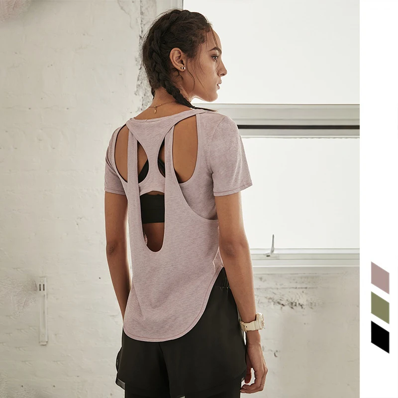 

Yoga Shirt Sport Running High Elasticity Loose Women Gym Clothing Open Back Fitness Shirt