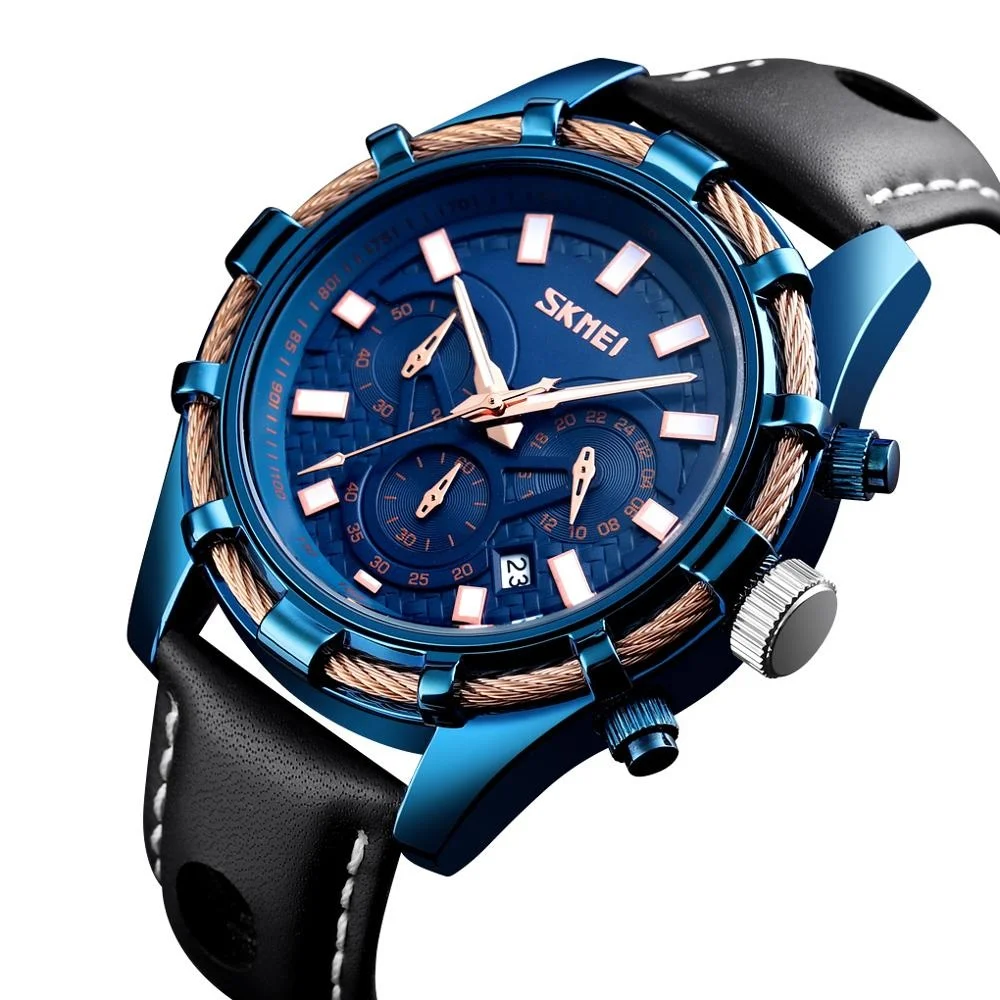 

2019 Hot skmei 9189 Leather Fashion Men Wristwatch Luxury Quartz Advance Watch, Blue;silver;black;gold