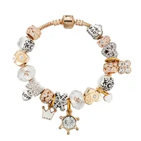 

2019 18-21cm Gold Snake Chain Snowflake Bracelets Bangles DIY Crystal Gold Heart Crown Charm Pendant Bracelet