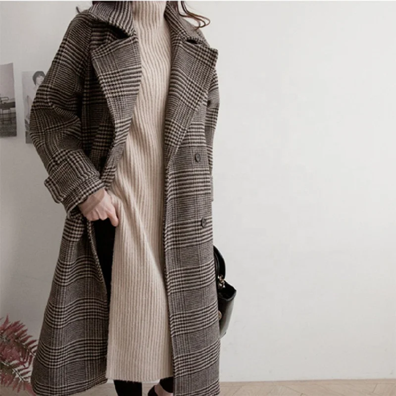 
Add More Cotton Cloth Overcoat Female Woolen Cloth Dust Coat Big Yards Long Grid Winter Coat 