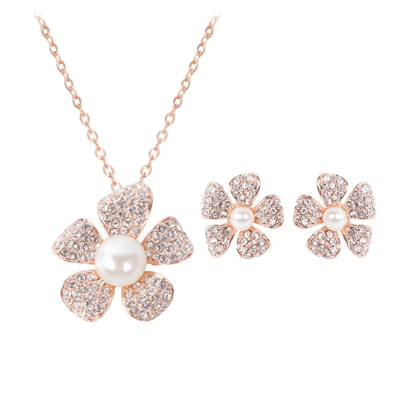 

Ladies Five Flower Petal Style New Fashion Gold Jewelry 2Pcs Per Set Pendant Necklace Earring Sets