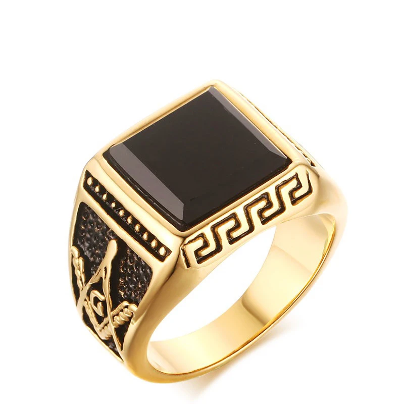 

Stainless steel black agate masonic finger rings for men