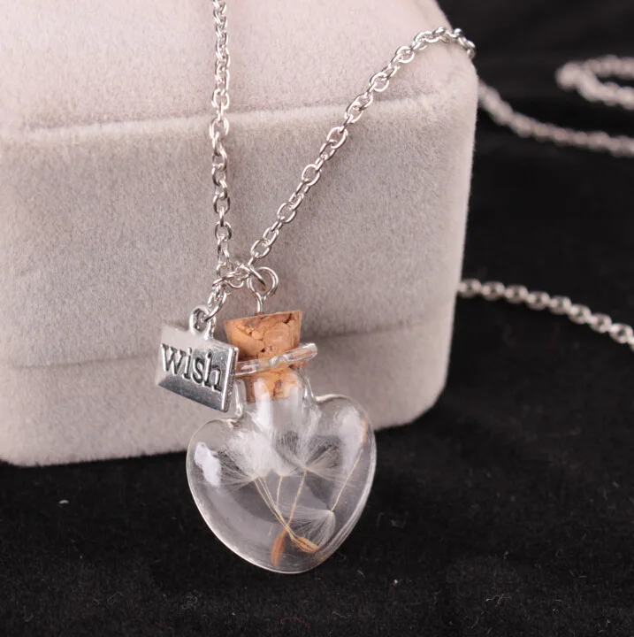 

Silver Real Dandelion Seeds In Drift Glass Wish Bottle Chain Necklace
