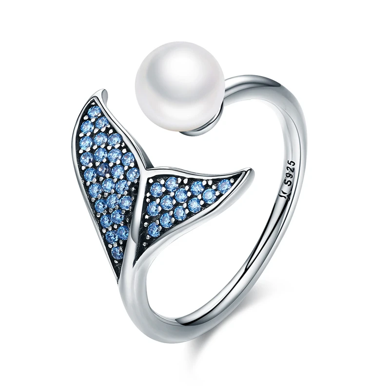 

2019 Hot Selling Mermaid Jewelry Ring Qings 925 Silver Pearl Ring Fish Tail Shaped Opening Ring