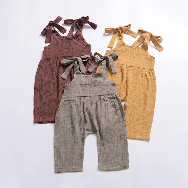 

2019 Brand New 0-24M Newborn Toddler Baby Boy Girl Cotton Linen Suspenders Jumpsuits Sleeveless Solid Strap Romper Outfits, As picture