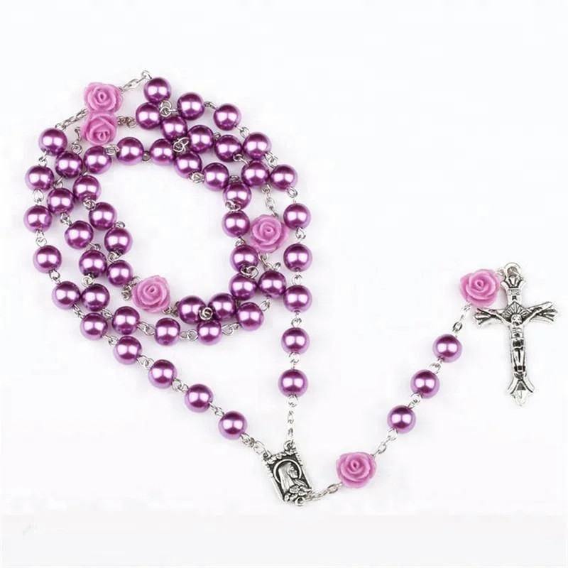 Purple Faux pearl rose Catholic rosary necklace