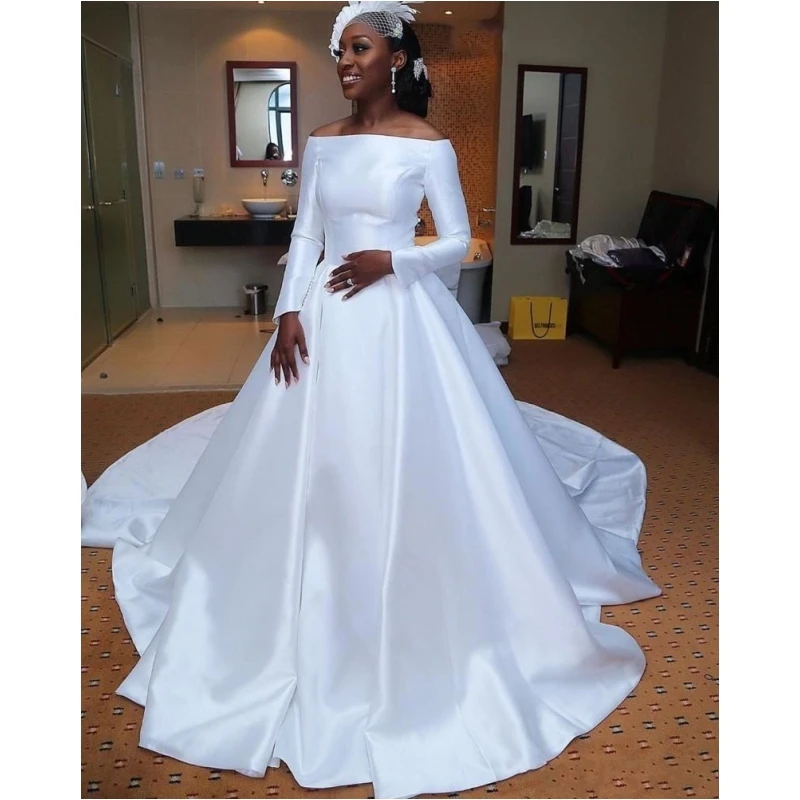 

African Pure White Satin Wedding Dresses Plus Size Off The Shoulder Long Sleeve Wedding Bridal Gowns, White/ivory/custom made