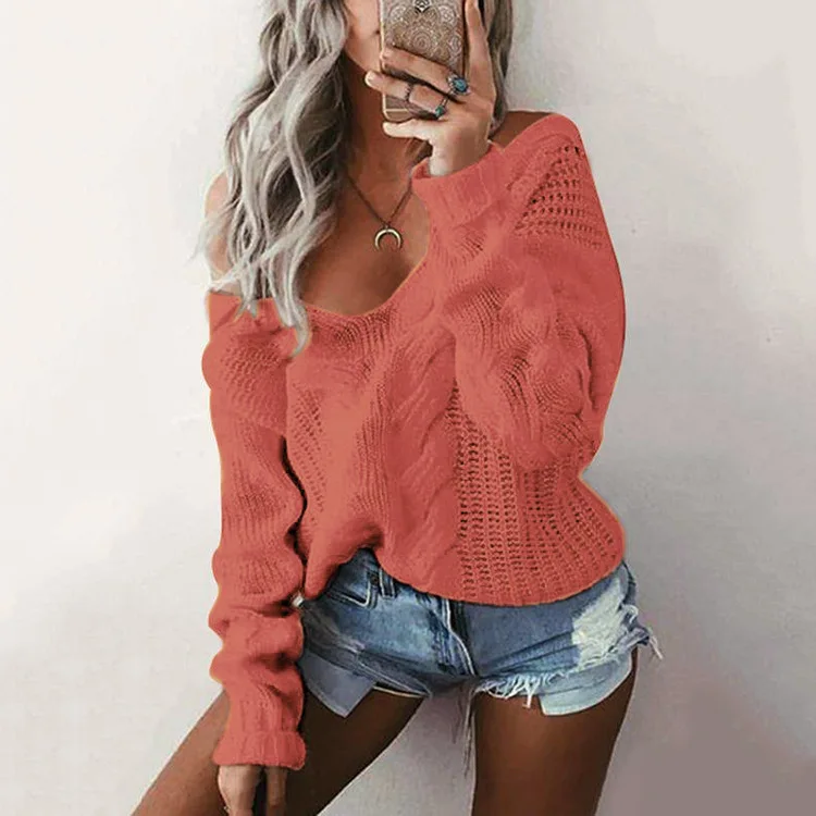 

korean fashion wholesale lady deep v neck off shoulder sexy Twist sweater pullover for women casual jumper