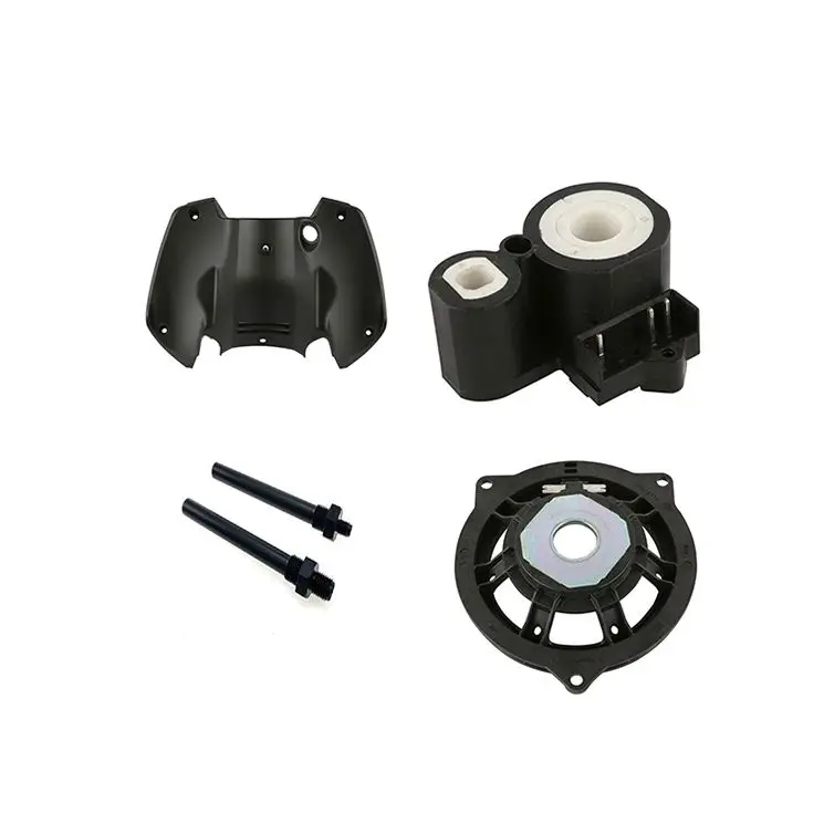 Four objects displayed on a white background: two circular mechanical parts, one at the top, and a black electronic device with its back cover next to it at the bottom.
