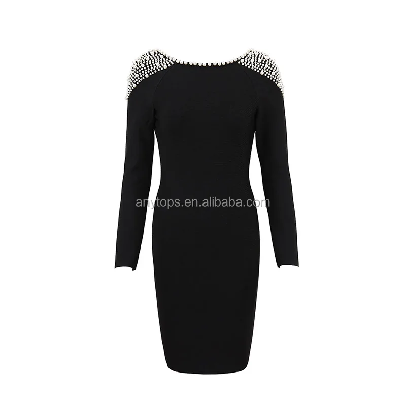 

2019 Long Sleeve Sexy Backless Black Embroidered Mature Evening Party Dress