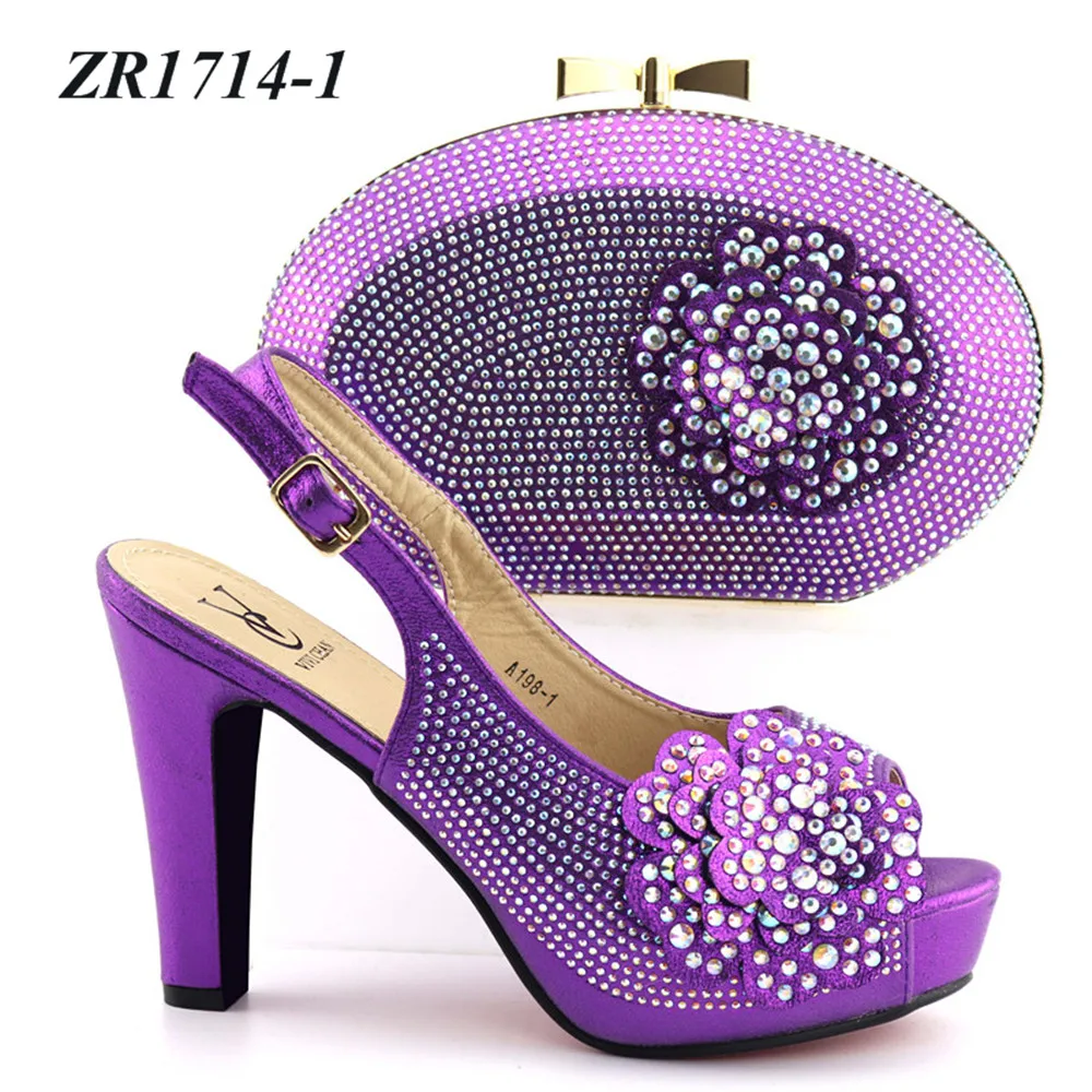 

Wholesale latest purple color italian heels 12cm party shoe shoes with matching bags set