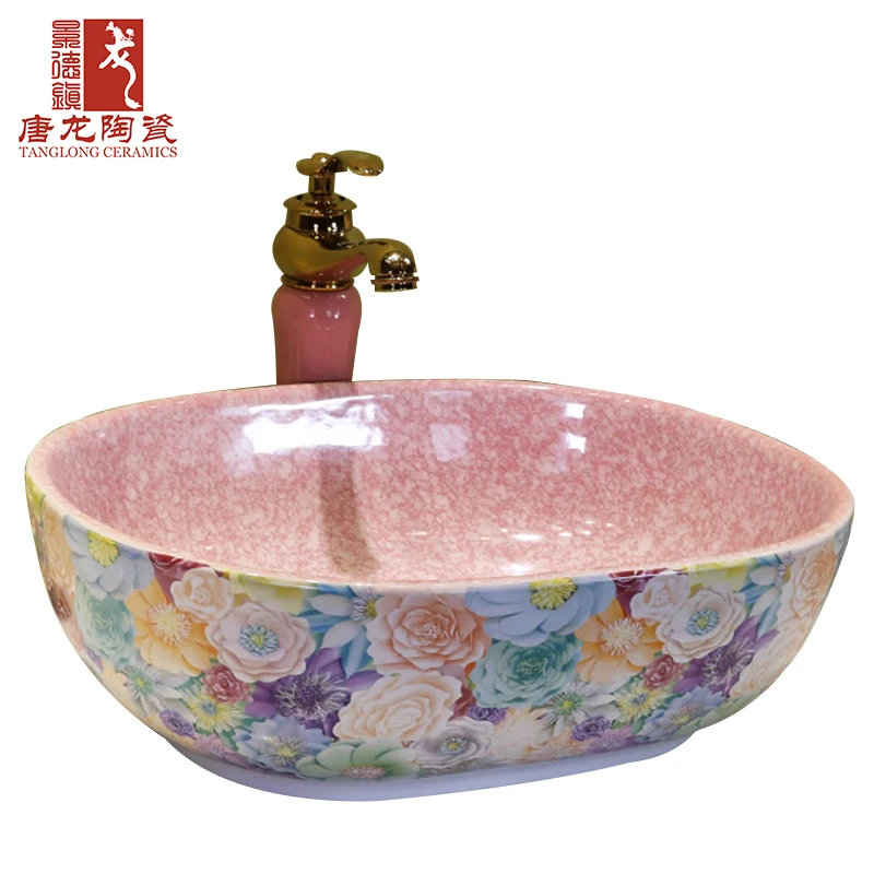 New Flower Style Oval Pattern Sanitary Ware Ceramic Wash Basin Pink Bathroom Sink Buy Ceramic Hand Wash Sink Product On Alibaba Com