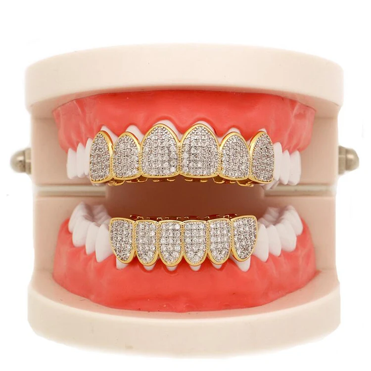 Blues Rts Fashion Yellow Gold Plated Iced Out Cz Cluster Custom Mouth