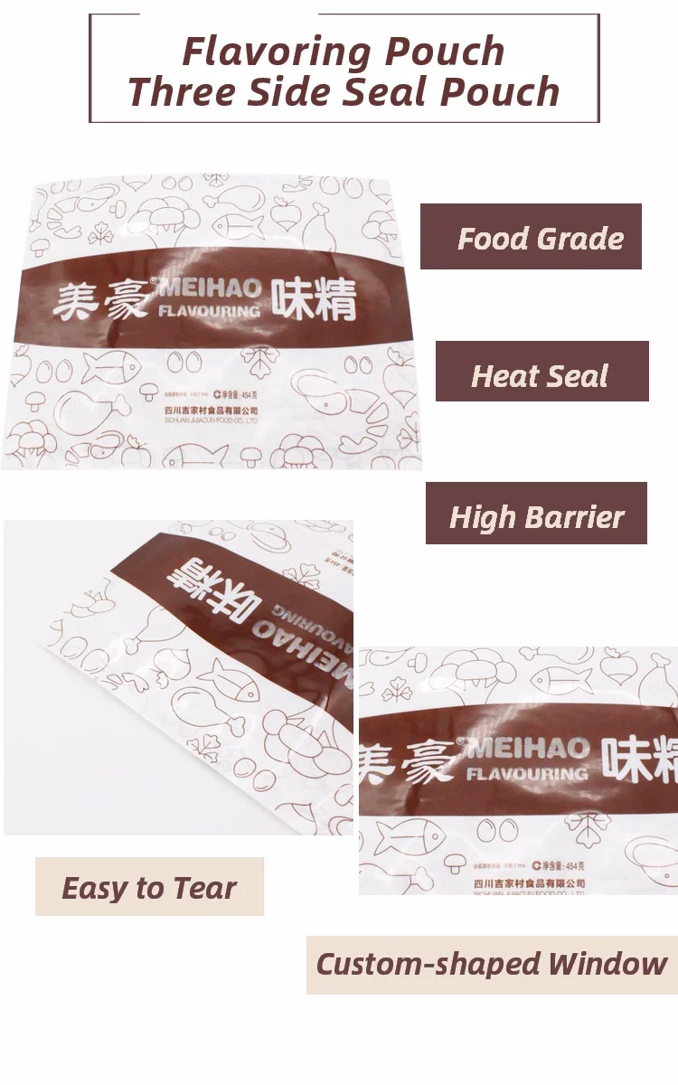 Heat Seal Food Packaging Pouch Three Side Seal spice packing bag with Window