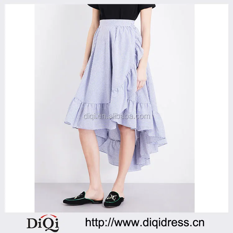 अनुकूलित लेडी के परिधान सुंदर उच्च वृद्धि लोचदार कमर धारीदार झालरदार रेशमी वस्र असममित स्कर्ट (DQM002S)