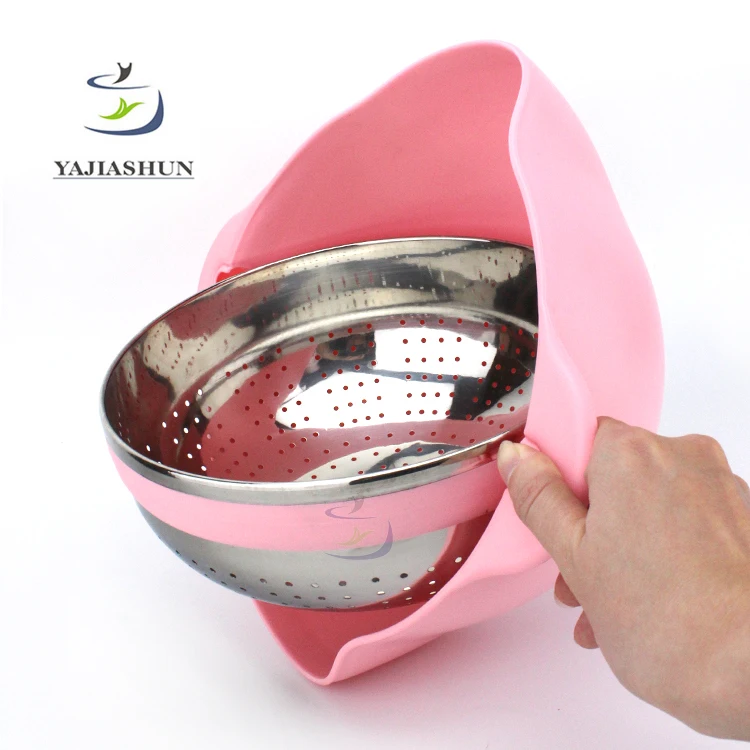 Food Grade SS304 Kitchen Rice Fruit Vegetable Pasta Washing Stainless Steel Collapsible Colander Strainer With Plastic