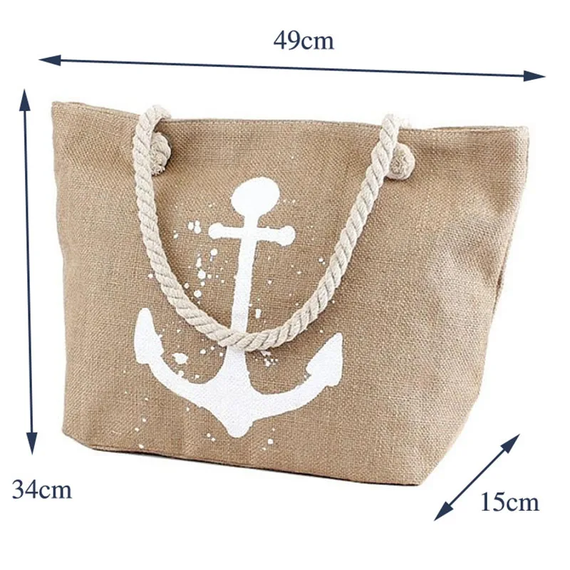 Large Size Custom Design Fashion Natural Jute Burlap Hemp Zipper Tote