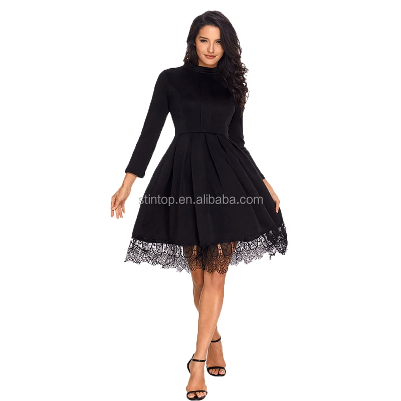 

Europe station office ladies elegant dress high-collar long-sleeved high-waisted hem skirt lace large size women' dress