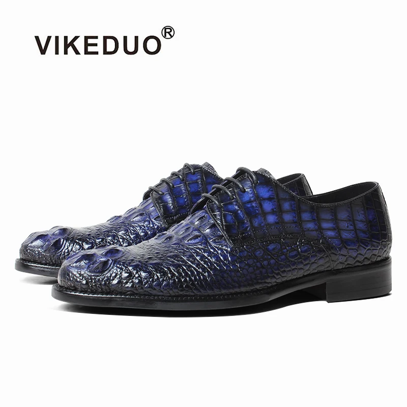 

Vikeduo Hand Made Shoe Factory Bespoke Shoemakers Exotic Skins Men's Genuine Crocodile Leather Shoes, Blue