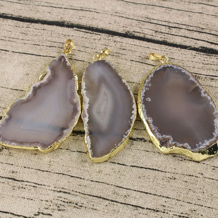 

JF6925 Hot sale gold plated Gray Grey Agate Slice Pendants