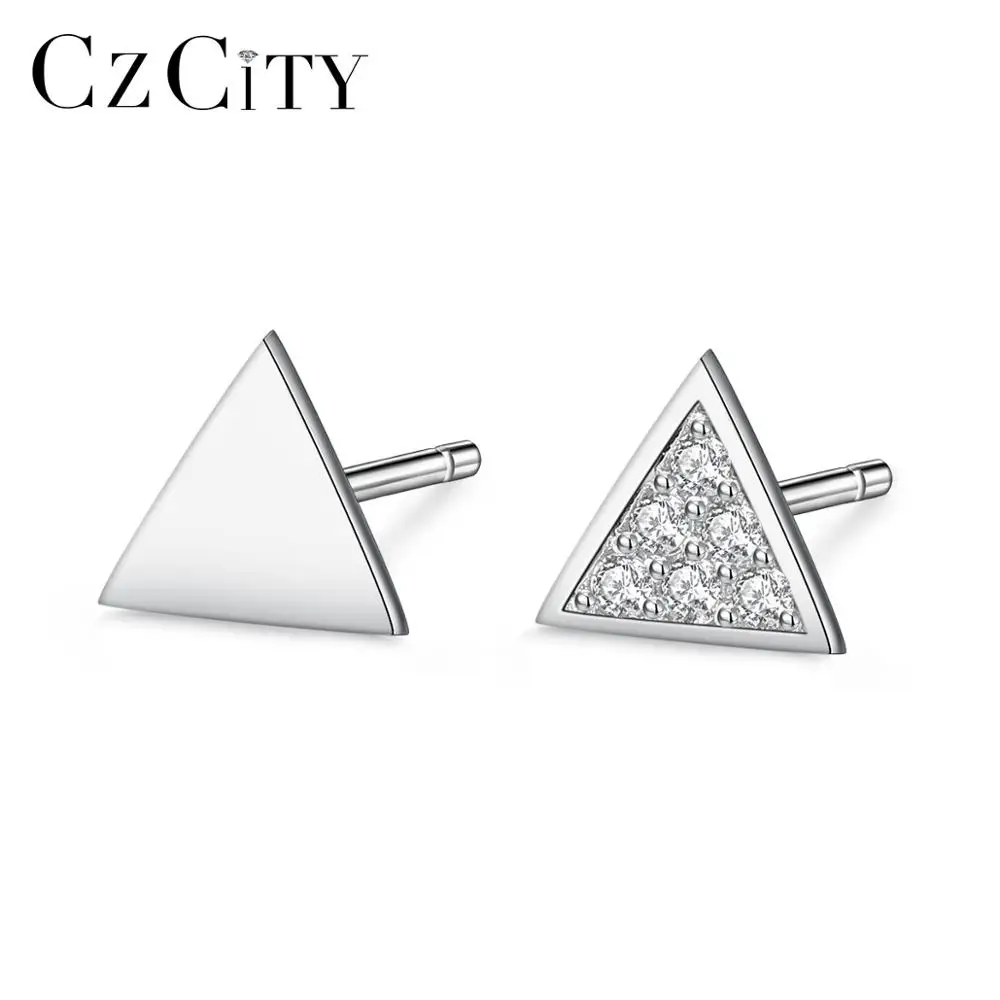 

CZCITY Triangle Asymmetry Cubic Zirconia Earrings Silver Stud Aretes Mujeres