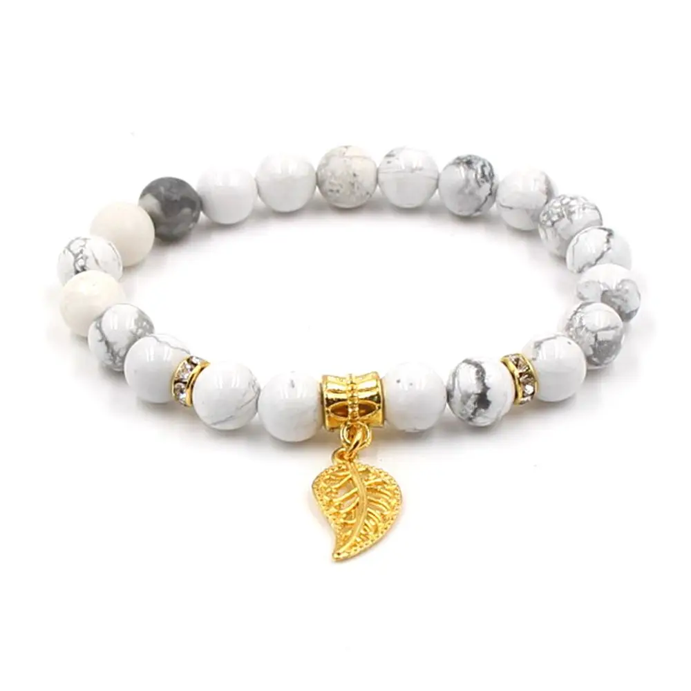 

2019 New Arrival Luxury Beads Natural White Howlite Leaves Star Charms Stretchable Bracelet, White and gold