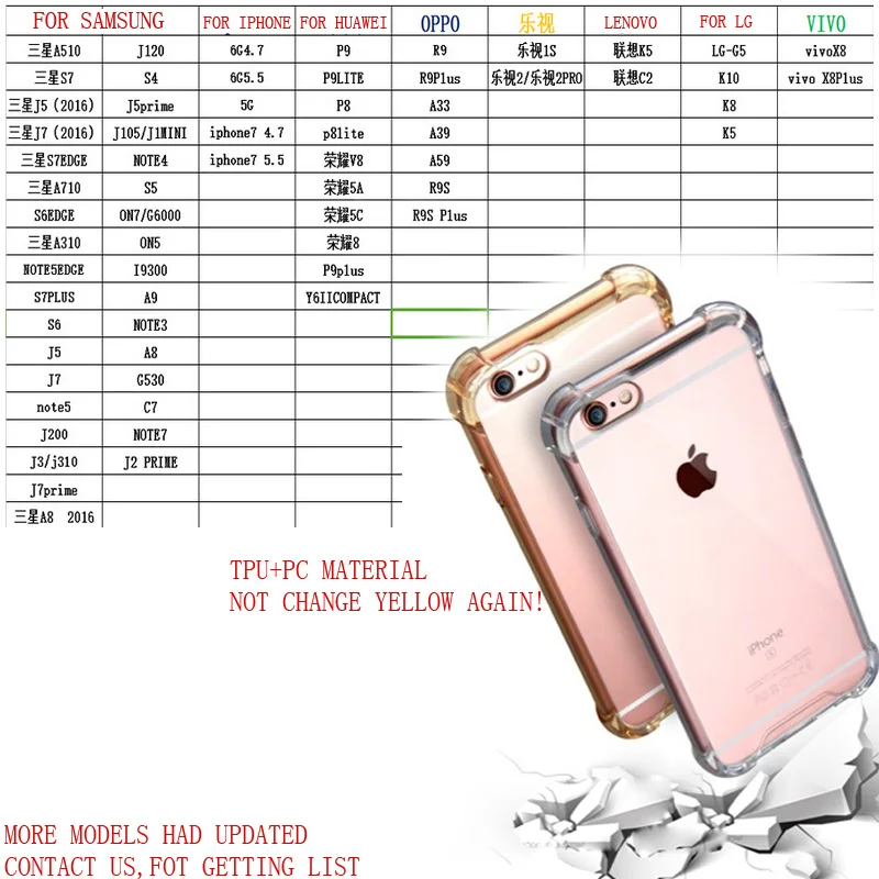 Not Turn yellow! Shockproof angle TPU + PC hybrid Transparent back case cover for iphone 7