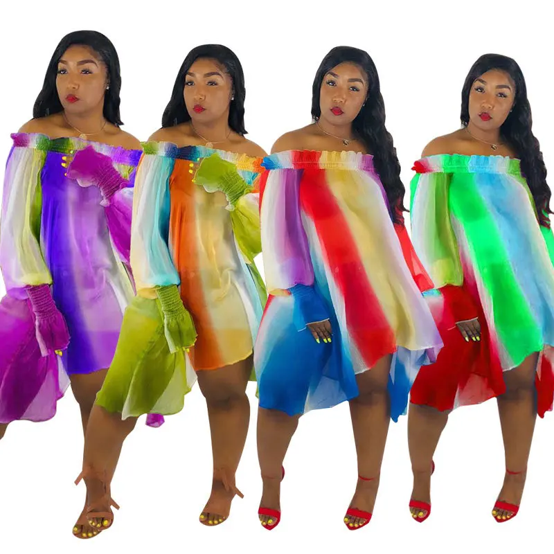 

H3002 Casual off shoulder rainbow ruffles loose woman dress