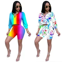 

Women Print Clothes Top+Biker Shorts Sweat Suits Summer Club Outfits Two Piece Matching Sets