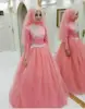 Long Sleeve Cheap Satin Beaded Tulle Floor Length Hijab Pink Islamic Wedding Dress