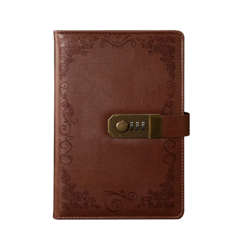 A5 Vintage PU Leather Hardcover Lock Diary Notebook 3D Password Design with Coded Lock Notebook
