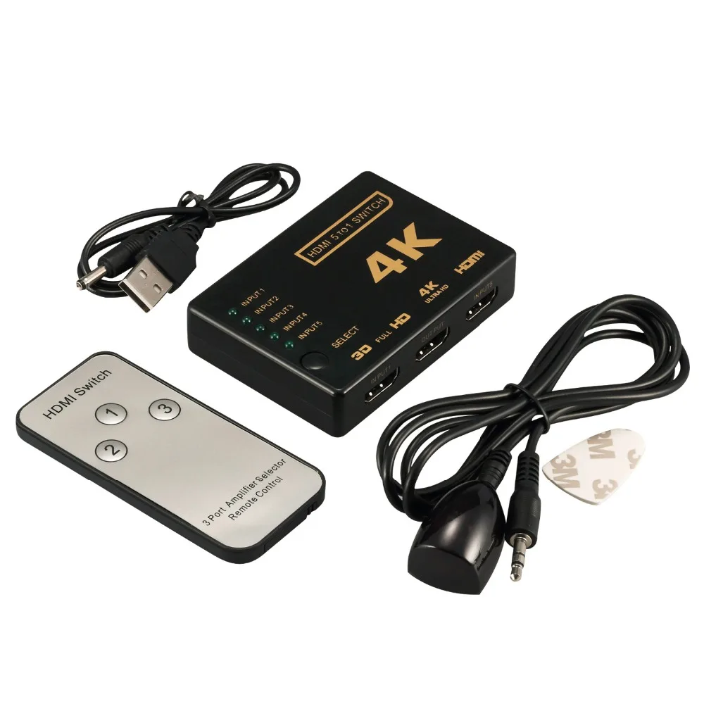 

Best selling HDMI Switch 5x1 Switcher Selector 3D support 4k With IR Remote HDMI Splitter Infrared Receiving Cable