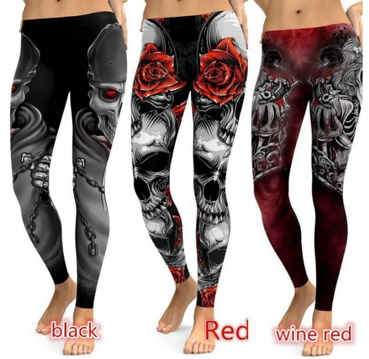 

Womens Fashion Skull Printed Leggings High Elastic Gym Fitness Sports Yoga Pants, Black;pink;gray