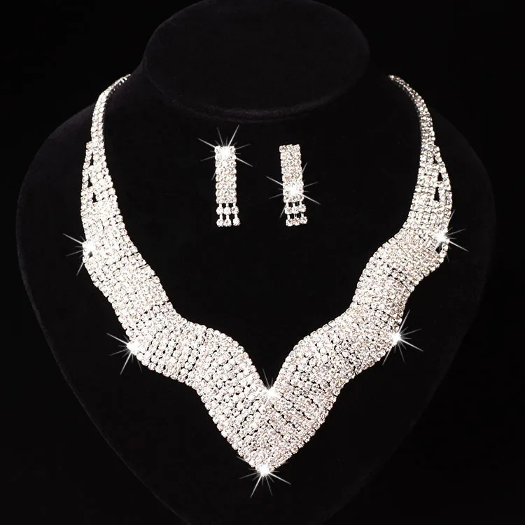 

Fashion Wedding Bridal White Crystal Jewelry Earring Set Necklace, Silver