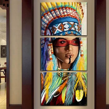 Modern Frame 3 Panel Native American Indian Feathered Canvas Modern Frame 3 Panel Native American Indian Feathered Canvas Painting For Living Room Wall Art