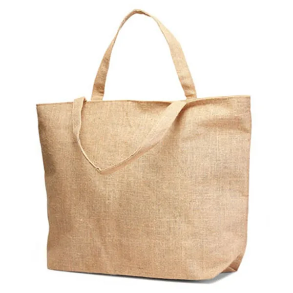 Leather Handles Jute Tote Bag With Brown Gusset Color Natural Shopping