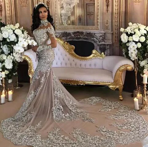 

Luxury Long Sleeve High Neck Arabic Dubai Sexy Mermaid Wedding Dresses Bridal Gown 2019, Custom made